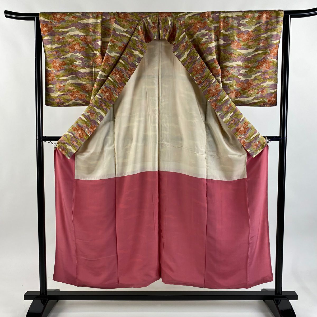 小紋 身長153cm 袖長63.5cm S 雙層 菊花 霞 紫 純蠶絲 優品級