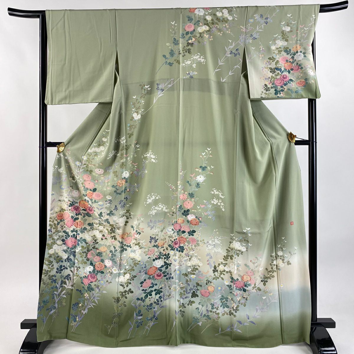 訪問服 身長166cm 袖長66cm M 雙層 落款有 菊花 花 萩 花 漸層 灰綠 純蠶絲 逸品級