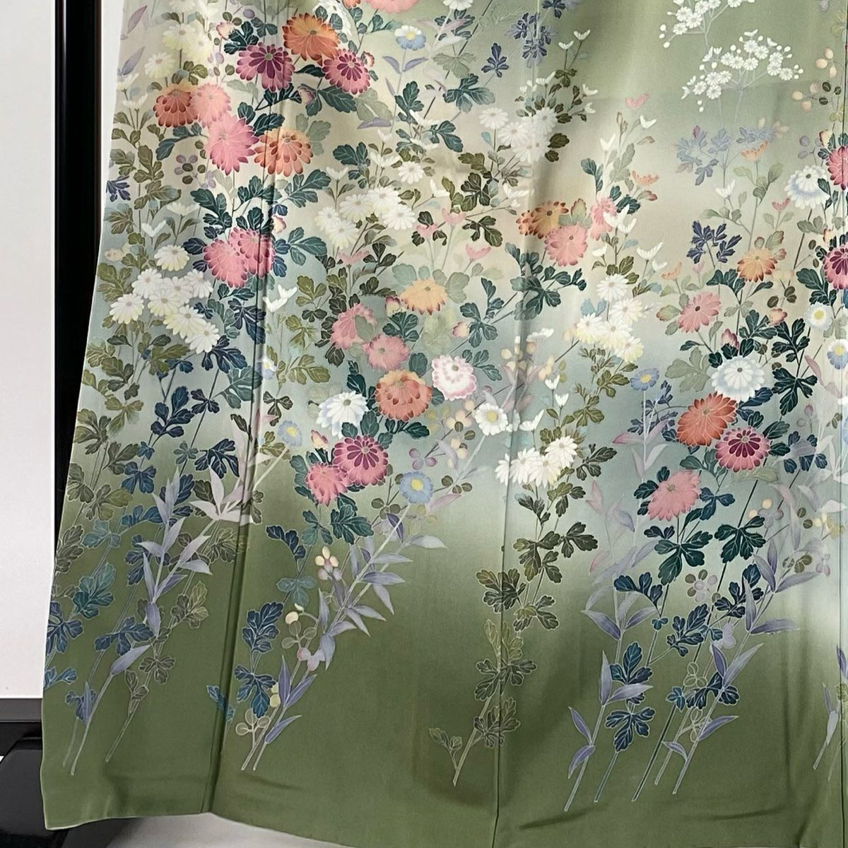 訪問服 身長166cm 袖長66cm M 雙層 落款有 菊花 花 萩 花 漸層 灰綠 純蠶絲 逸品級