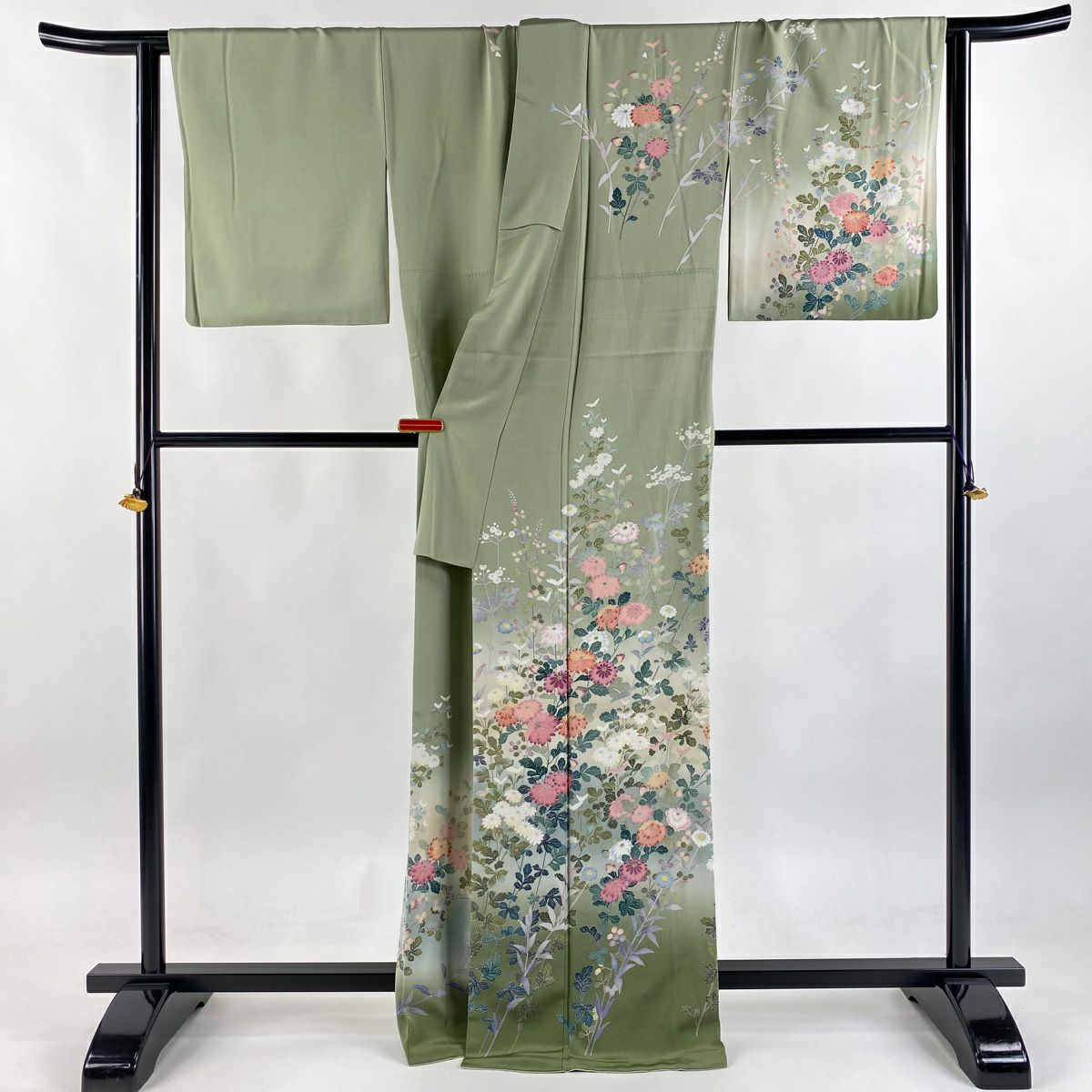 訪問服 身長166cm 袖長66cm M 雙層 落款有 菊花 花 萩 花 漸層 灰綠 純蠶絲 逸品級
