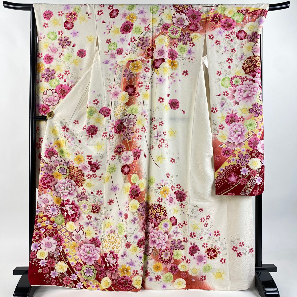 振袖禮服 身長168.5cm 袖長68cm L 雙層 牡丹 菊花 金銀彩 刺繡 奶油色 純蠶絲 逸品級