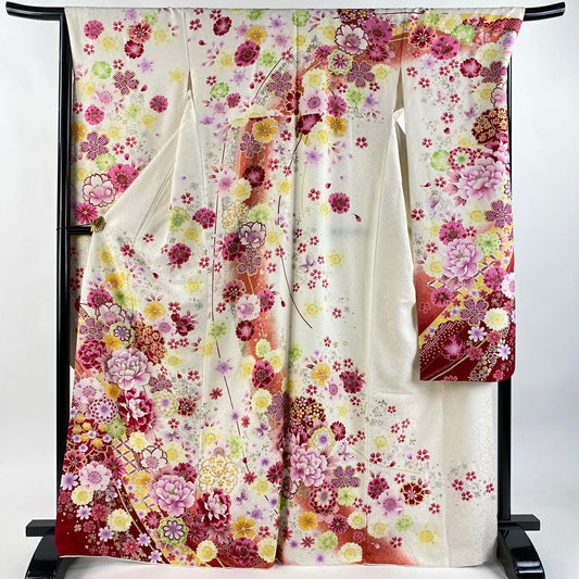 振袖禮服 身長168.5cm 袖長68cm L 雙層 牡丹 菊花 金銀彩 刺繡 奶油色 純蠶絲 逸品級