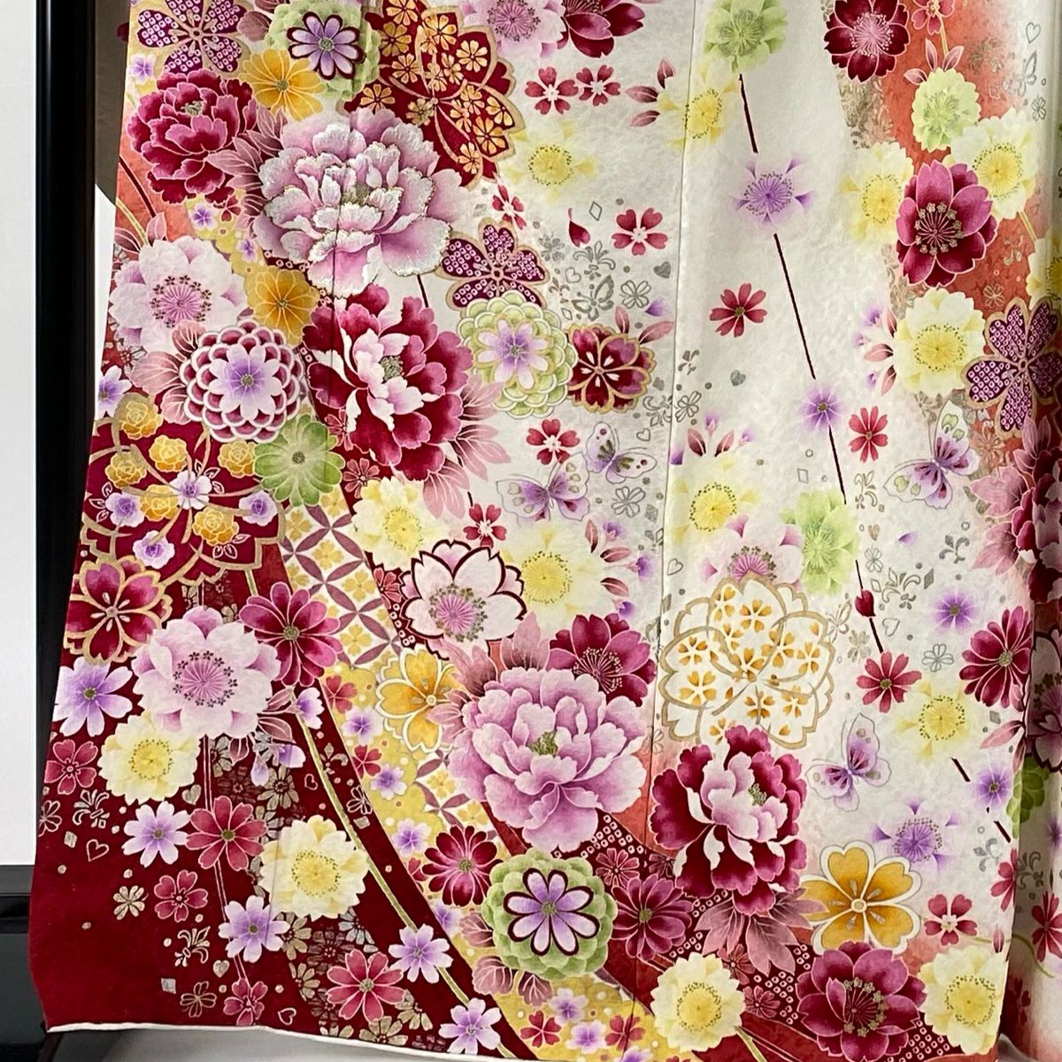 振袖禮服 身長168.5cm 袖長68cm L 雙層 牡丹 菊花 金銀彩 刺繡 奶油色 純蠶絲 逸品級