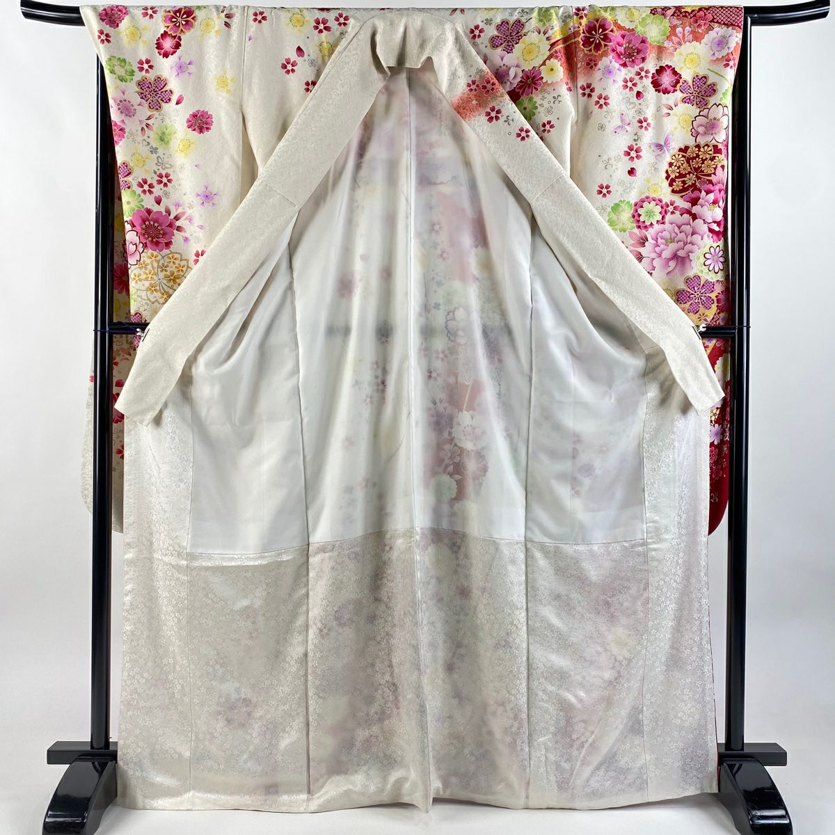 振袖禮服 身長168.5cm 袖長68cm L 雙層 牡丹 菊花 金銀彩 刺繡 奶油色 純蠶絲 逸品級