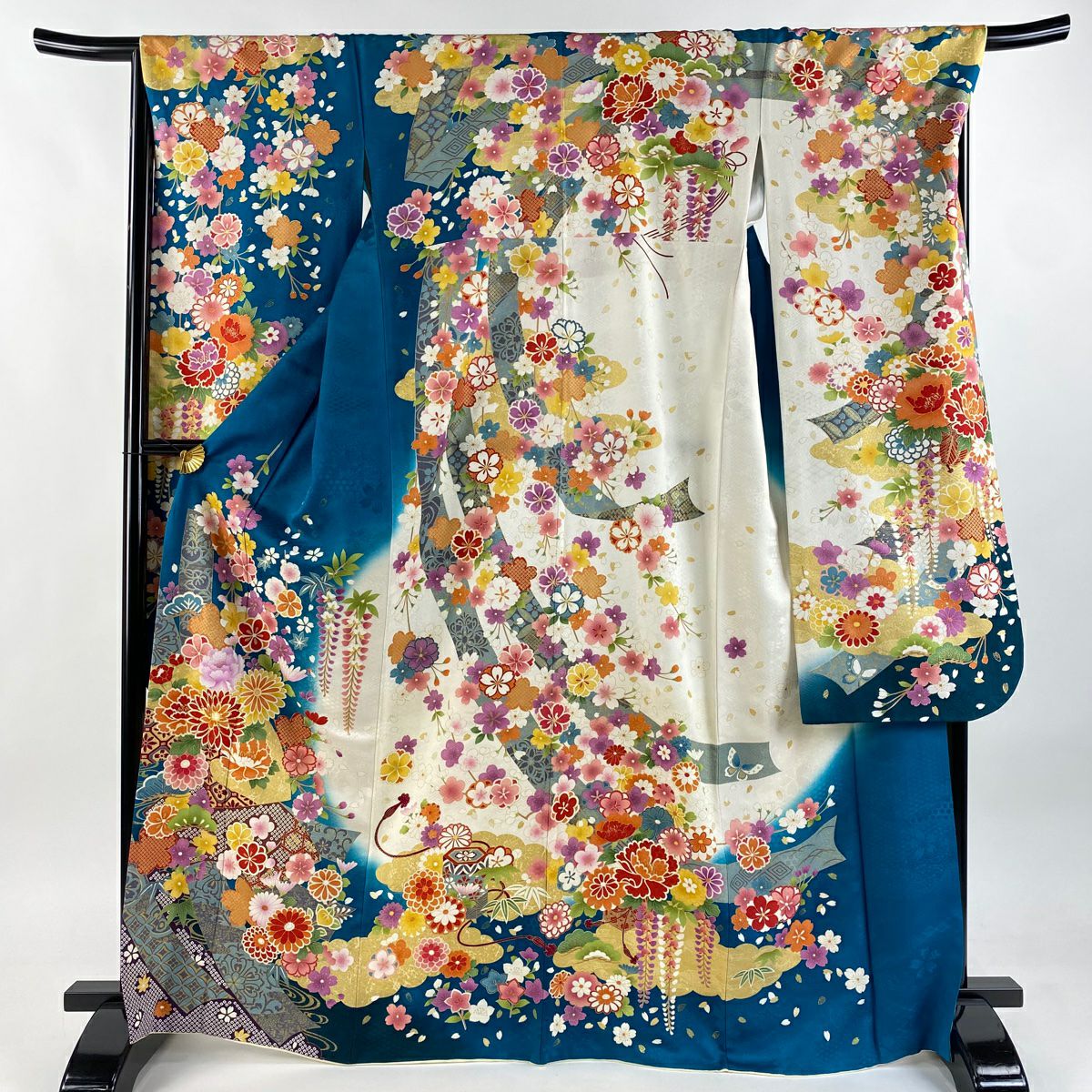振袖禮服 身長167cm 袖長67cm M 雙層 菊花 扇子面 金銀彩 綠 純蠶絲 逸品級