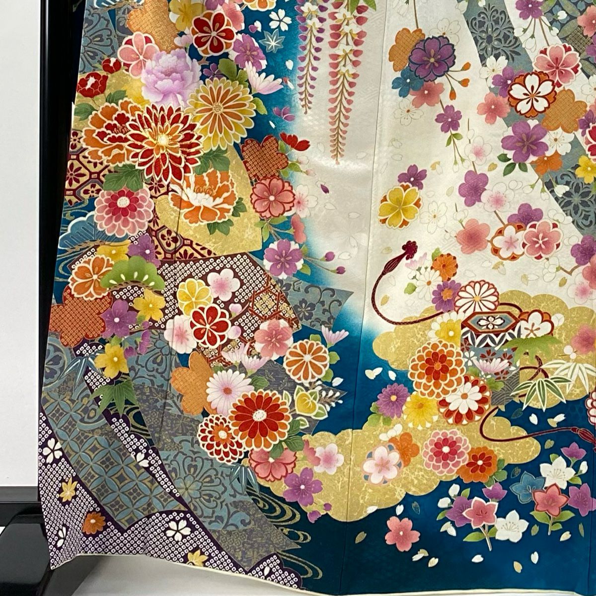 振袖禮服 身長167cm 袖長67cm M 雙層 菊花 扇子面 金銀彩 綠 純蠶絲 逸品級
