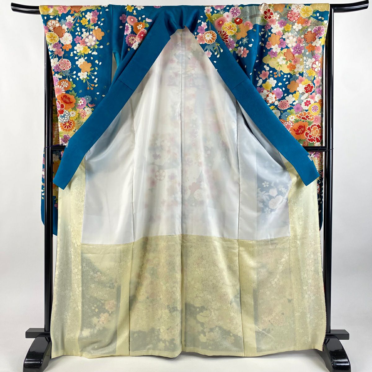振袖禮服 身長167cm 袖長67cm M 雙層 菊花 扇子面 金銀彩 綠 純蠶絲 逸品級