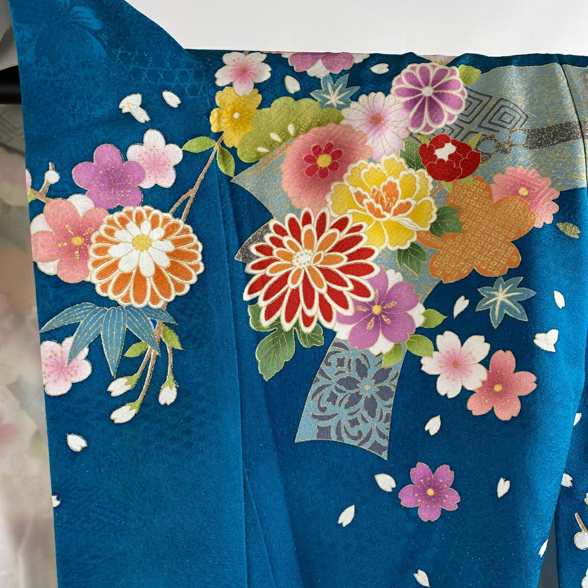 振袖禮服 身長167cm 袖長67cm M 雙層 菊花 扇子面 金銀彩 綠 純蠶絲 逸品級