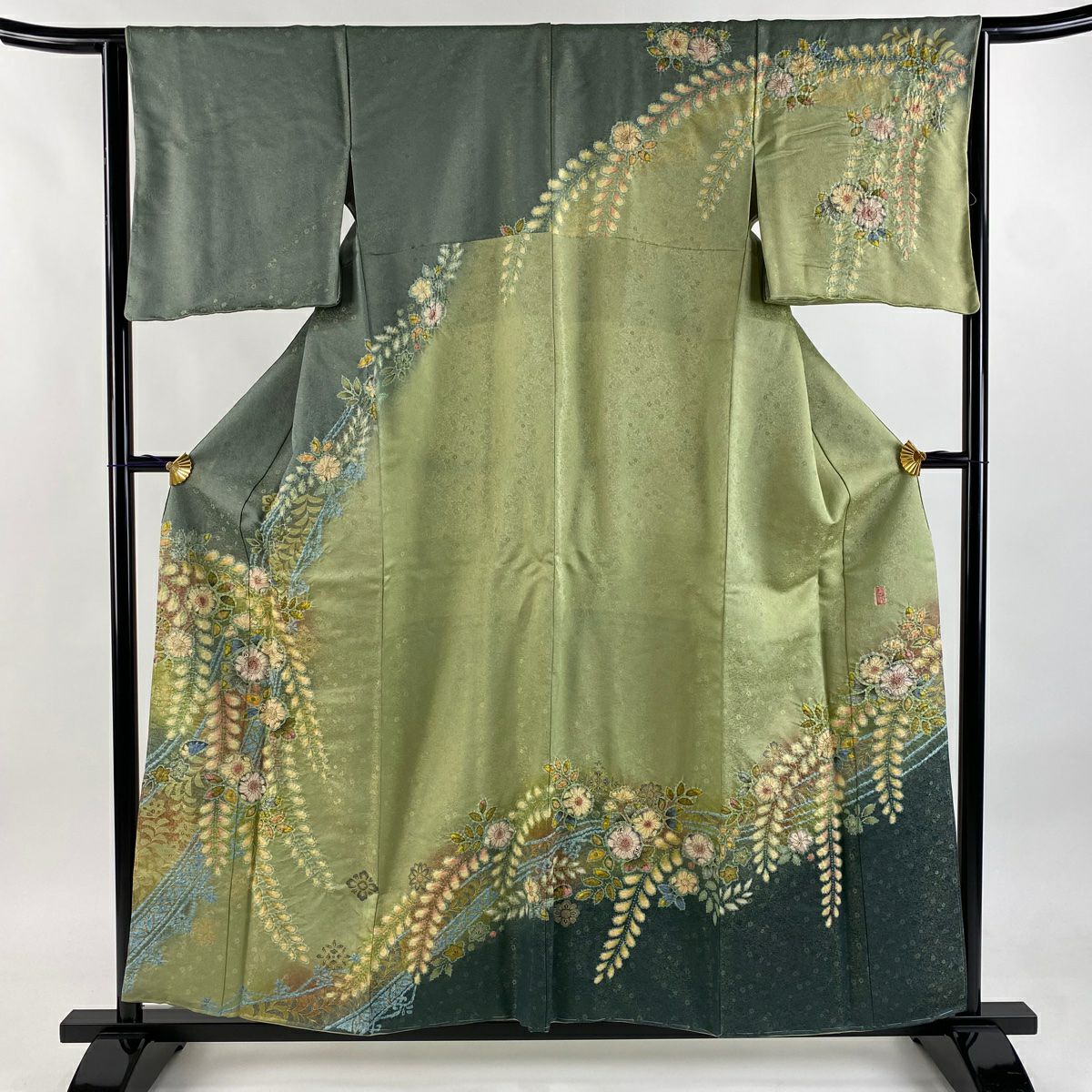 【美品】訪問服 身長157cm 袖長64cm M 雙層 德永憲峯 落款あり 辻花染 金銀彩 染分 灰綠 純蠶絲 逸品級