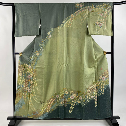 【美品】訪問服 身長157cm 袖長64cm M 雙層 德永憲峯 落款あり 辻花染 金銀彩 染分 灰綠 純蠶絲 逸品級