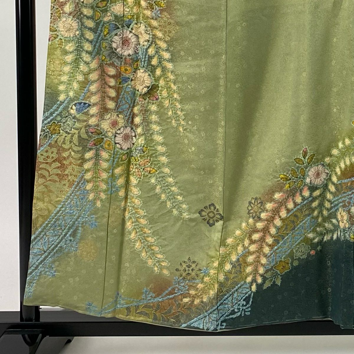 【美品】訪問服 身長157cm 袖長64cm M 雙層 德永憲峯 落款あり 辻花染 金銀彩 染分 灰綠 純蠶絲 逸品級