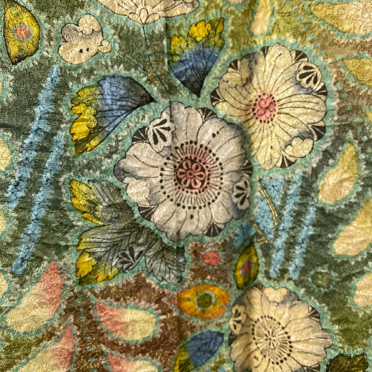 【美品】訪問服 身長157cm 袖長64cm M 雙層 德永憲峯 落款あり 辻花染 金銀彩 染分 灰綠 純蠶絲 逸品級