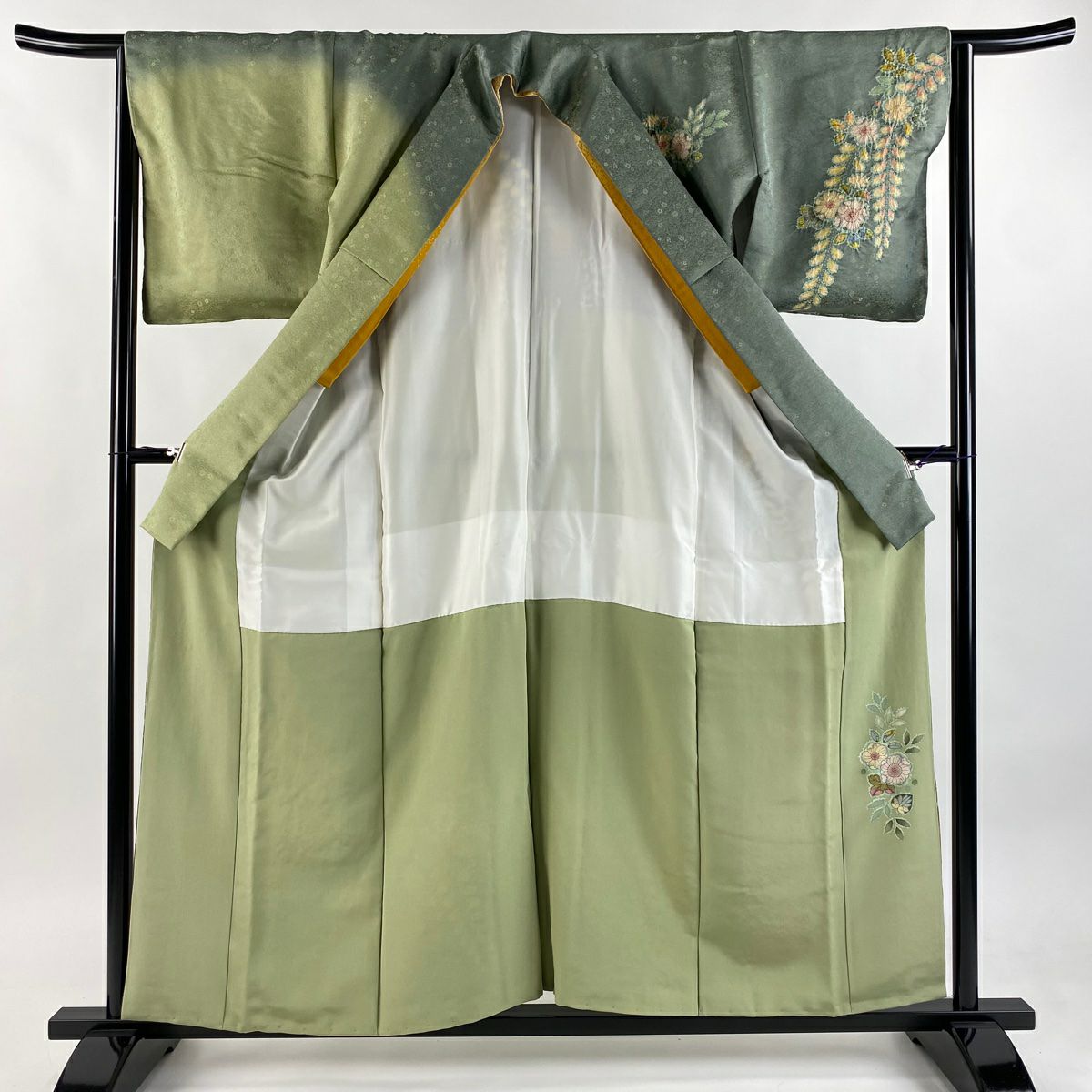 【美品】訪問服 身長157cm 袖長64cm M 雙層 德永憲峯 落款あり 辻花染 金銀彩 染分 灰綠 純蠶絲 逸品級