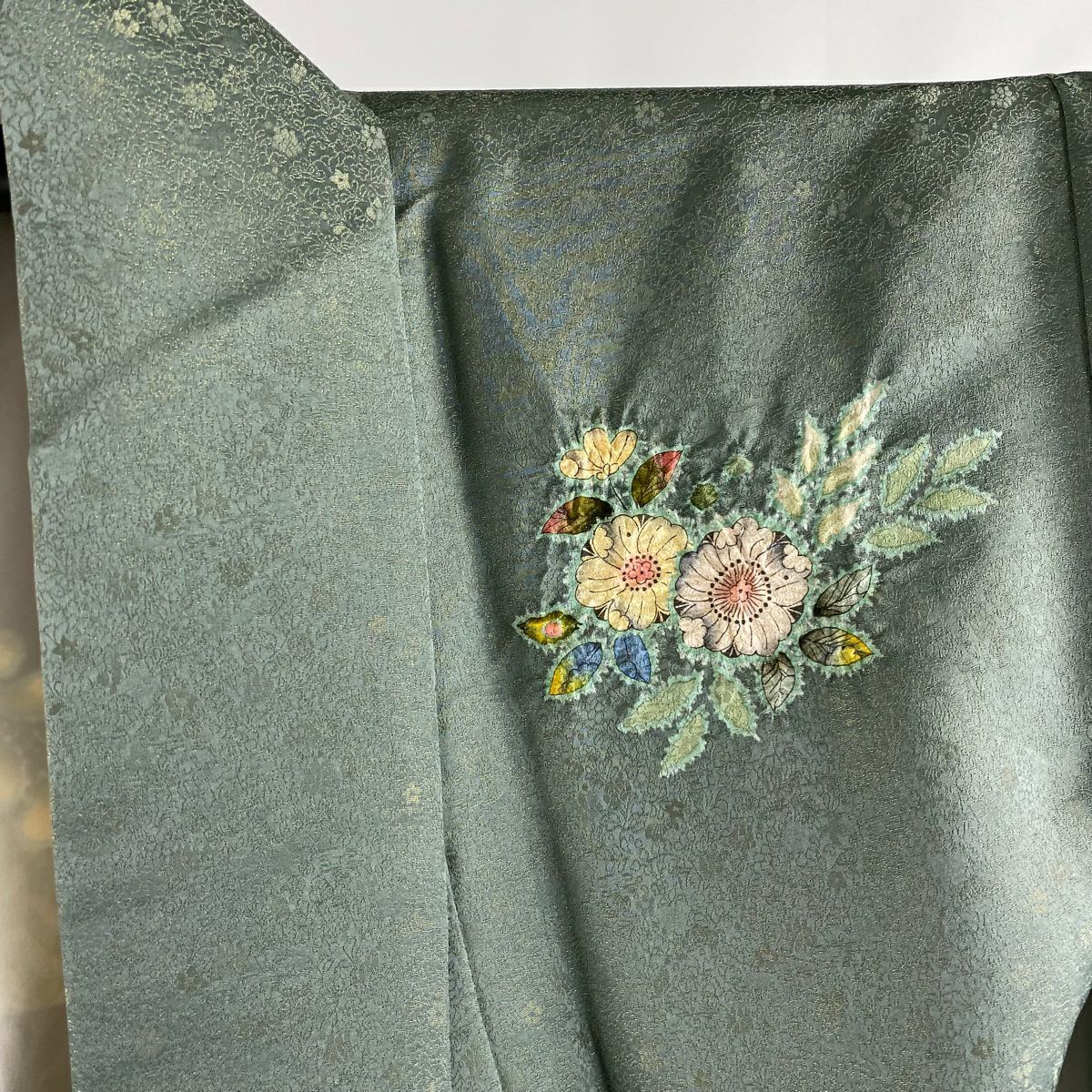【美品】訪問服 身長157cm 袖長64cm M 雙層 德永憲峯 落款あり 辻花染 金銀彩 染分 灰綠 純蠶絲 逸品級