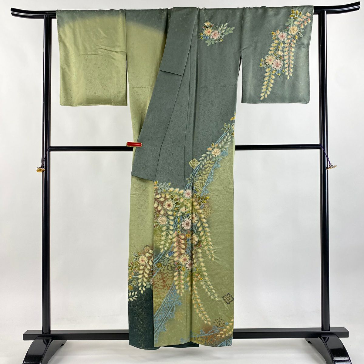 【美品】訪問服 身長157cm 袖長64cm M 雙層 德永憲峯 落款あり 辻花染 金銀彩 染分 灰綠 純蠶絲 逸品級