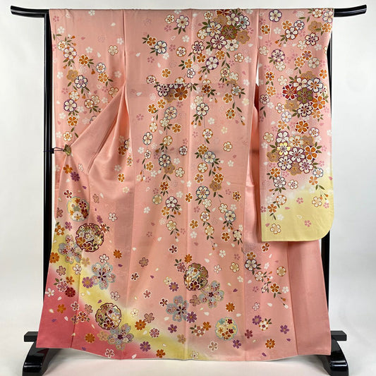 【美品】振袖禮服 身長167cm 袖長66cm M 雙層 雪輪 櫻花 金絲 金銀彩 粉紅 純蠶絲 逸品級