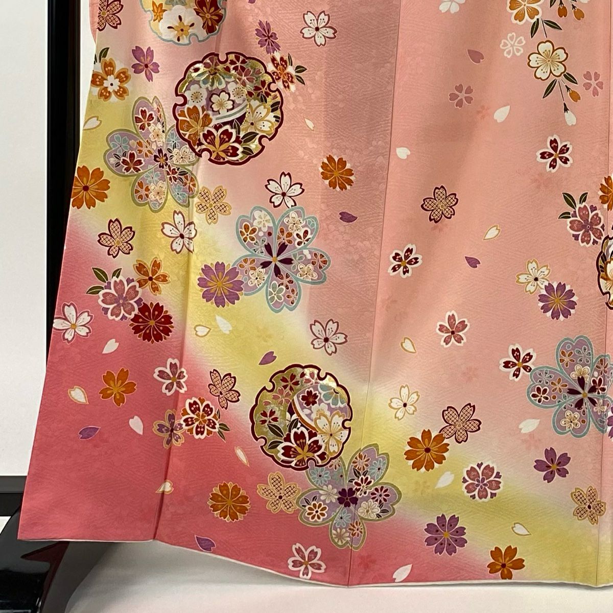 【美品】振袖禮服 身長167cm 袖長66cm M 雙層 雪輪 櫻花 金絲 金銀彩 粉紅 純蠶絲 逸品級