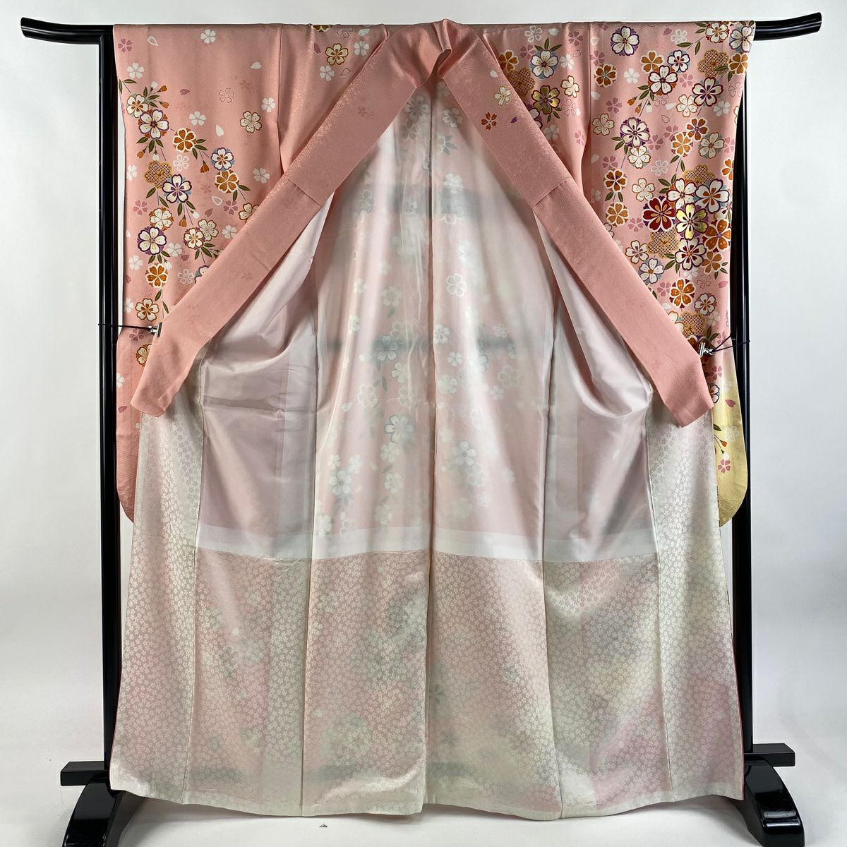 【美品】振袖禮服 身長167cm 袖長66cm M 雙層 雪輪 櫻花 金絲 金銀彩 粉紅 純蠶絲 逸品級