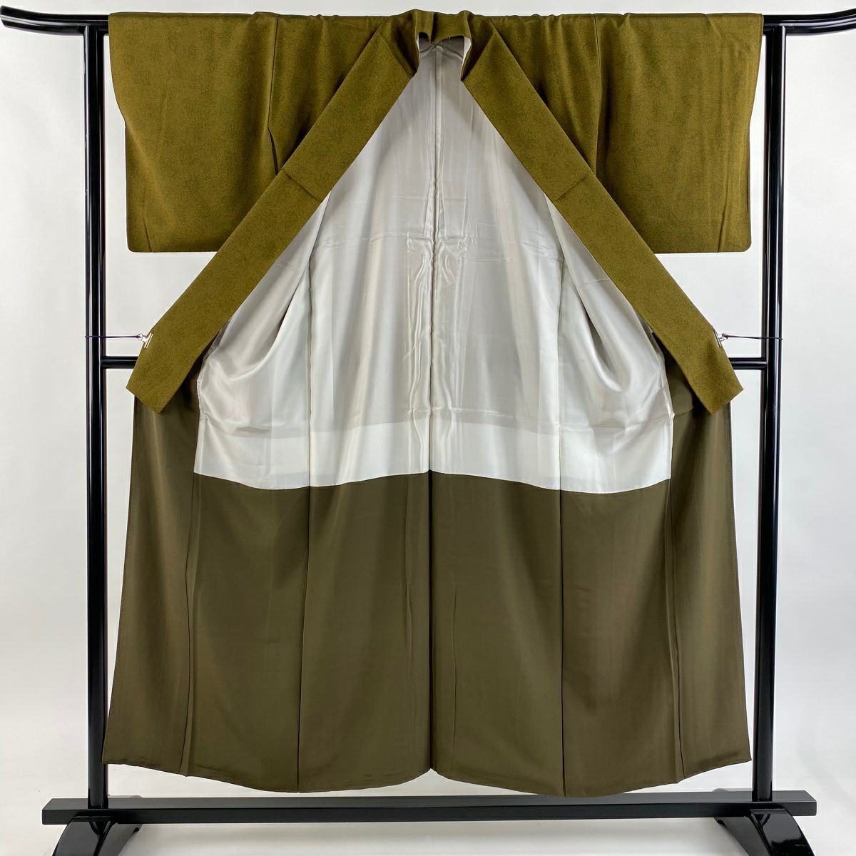 【美品】 江戶小紋 身長153.5cm 袖長61.5cm S 雙層 人間國寶 中村勇二郎 落款あり 雲中供養菩薩 鶯色 純蠶絲 逸品級