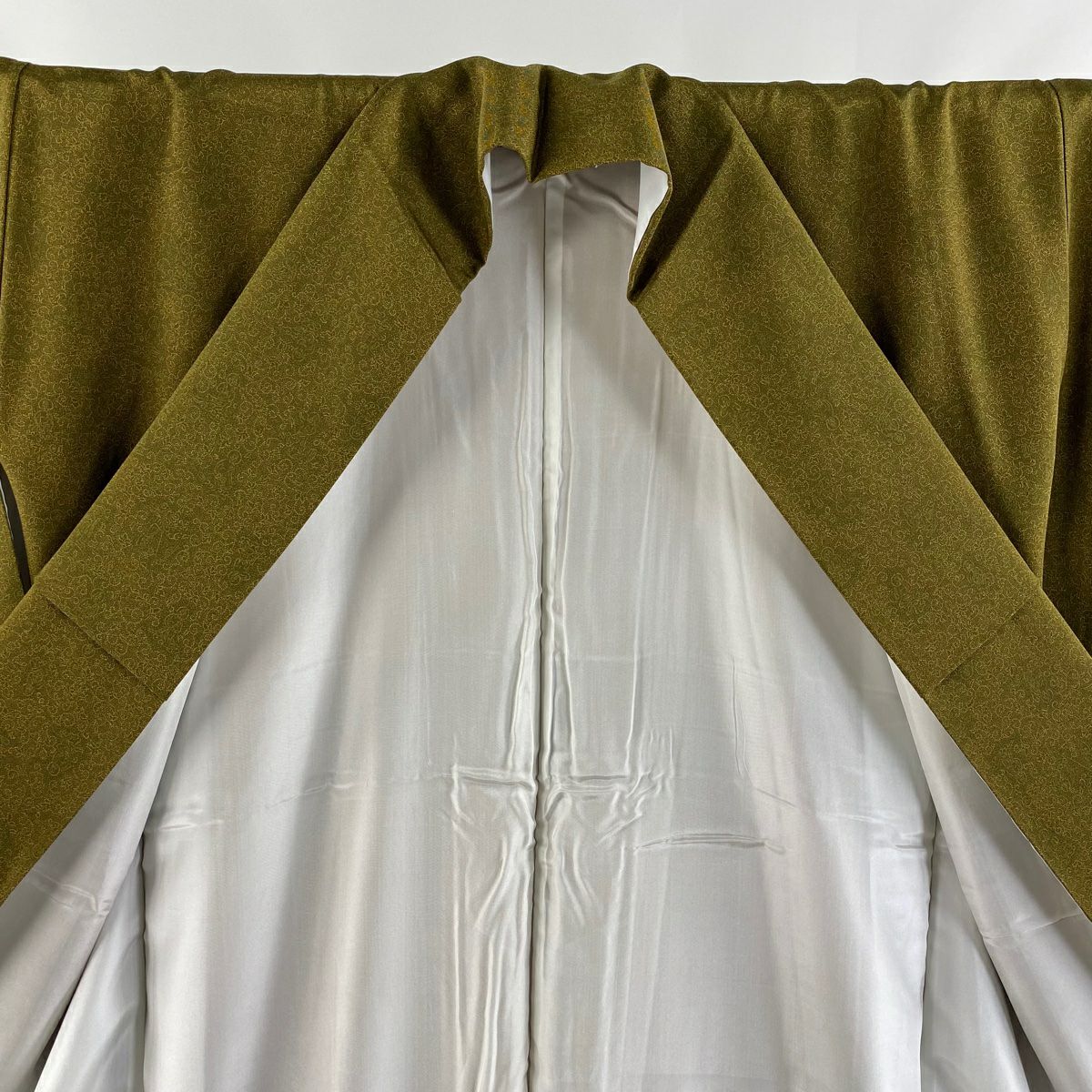 【美品】 江戶小紋 身長153.5cm 袖長61.5cm S 雙層 人間國寶 中村勇二郎 落款あり 雲中供養菩薩 鶯色 純蠶絲 逸品級