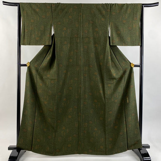 【美品】 江戶小紋 身長164cm 袖長64.5cm M 雙層 天女 獅子 茶綠 純蠶絲 逸品級