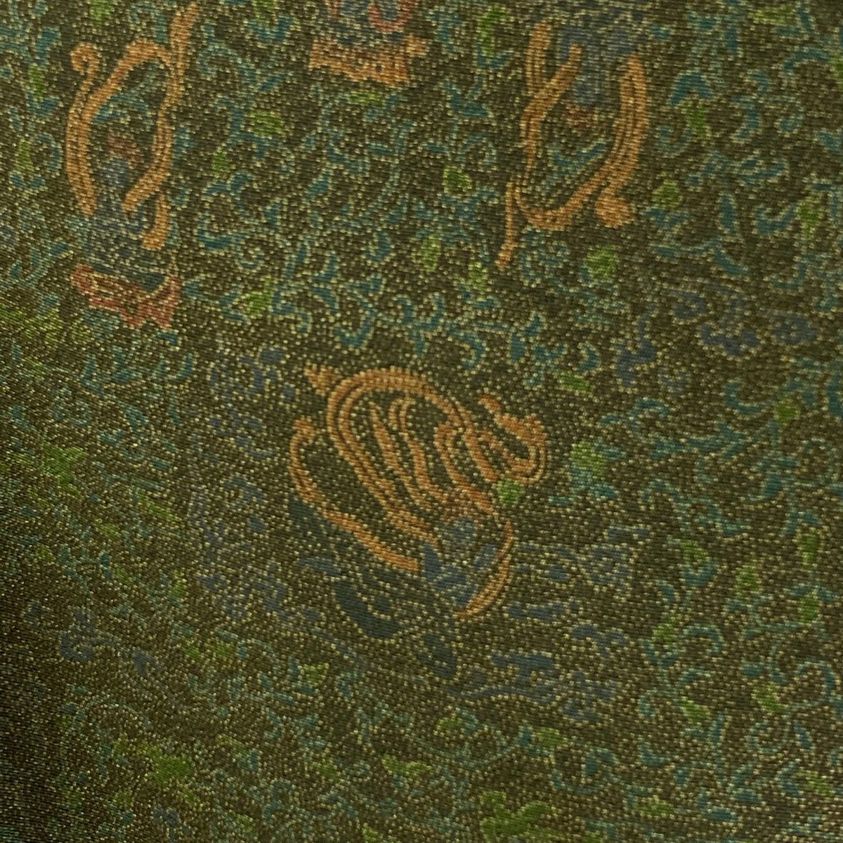 【美品】 江戶小紋 身長164cm 袖長64.5cm M 雙層 天女 獅子 茶綠 純蠶絲 逸品級