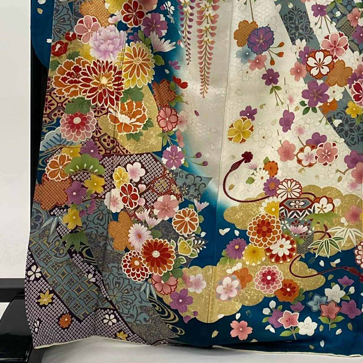 振袖禮服 身長171cm 袖長68cm L 雙層 松樹竹子梅花 菊花 銀通 金銀彩 青綠 純蠶絲 逸品級