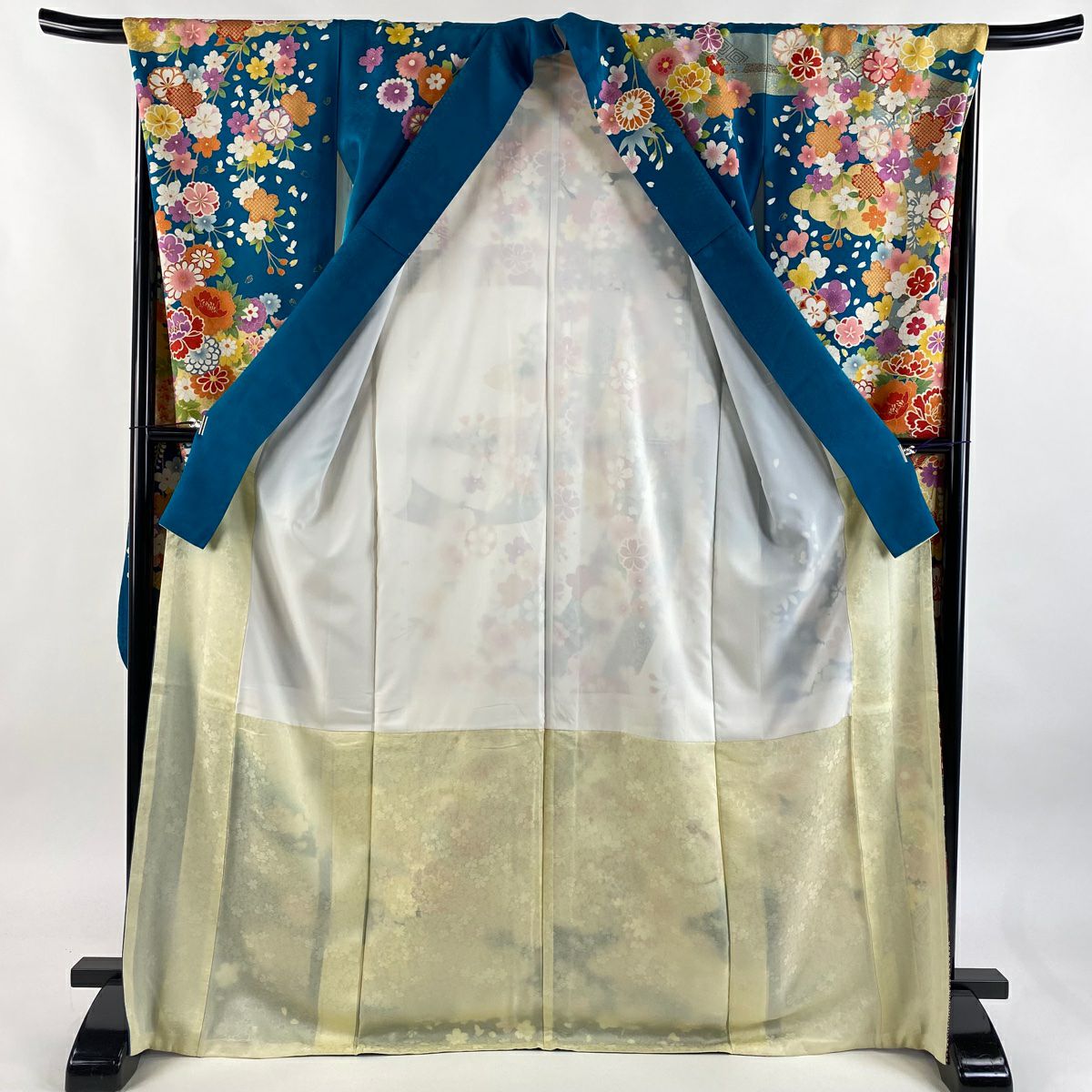 振袖禮服 身長171cm 袖長68cm L 雙層 松樹竹子梅花 菊花 銀通 金銀彩 青綠 純蠶絲 逸品級