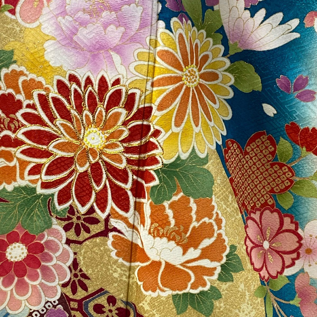 振袖禮服 身長171cm 袖長68cm L 雙層 松樹竹子梅花 菊花 銀通 金銀彩 青綠 純蠶絲 逸品級