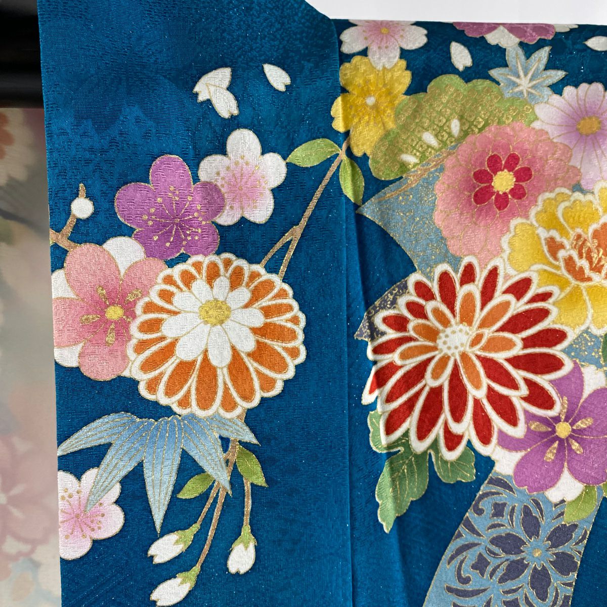 振袖禮服 身長171cm 袖長68cm L 雙層 松樹竹子梅花 菊花 銀通 金銀彩 青綠 純蠶絲 逸品級