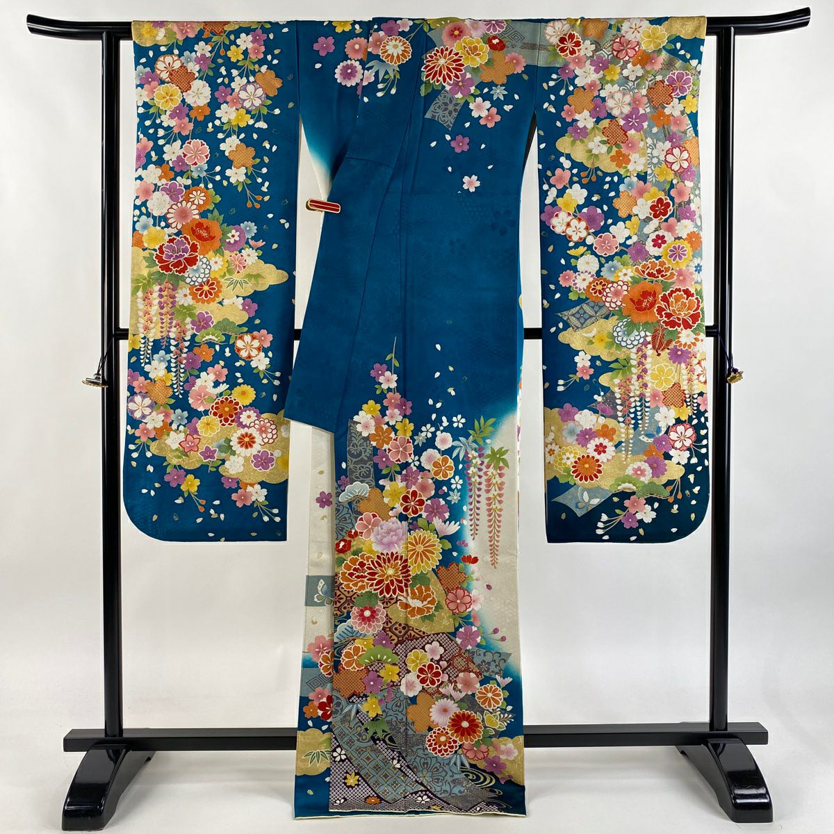 振袖禮服 身長171cm 袖長68cm L 雙層 松樹竹子梅花 菊花 銀通 金銀彩 青綠 純蠶絲 逸品級