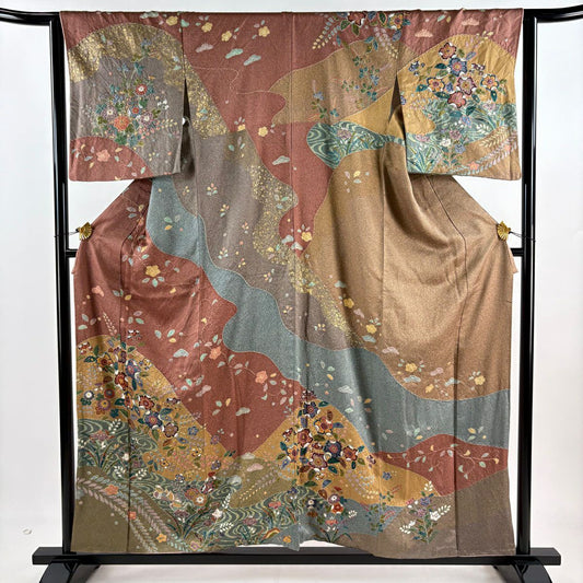 【庫存清倉】訪問服 身長157.5cm 袖長63.5cm S 雙層 草花紋紋 鴛鴦 金銀彩 絞染 紅茶 純蠶絲 名品級
