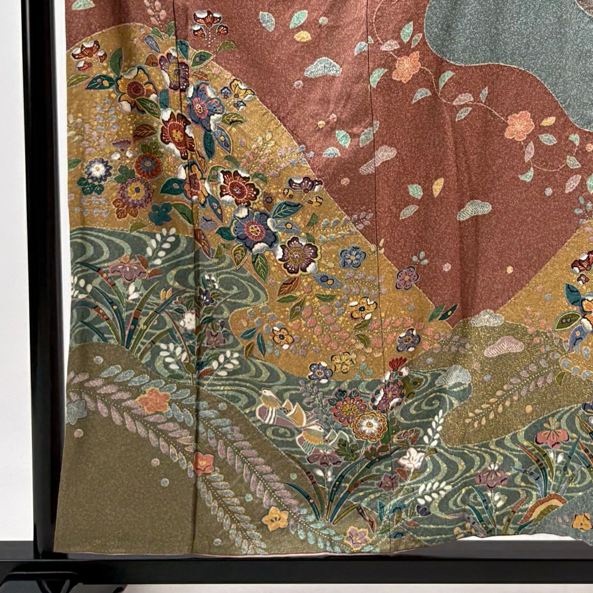 【庫存清倉】訪問服 身長157.5cm 袖長63.5cm S 雙層 草花紋紋 鴛鴦 金銀彩 絞染 紅茶 純蠶絲 名品級