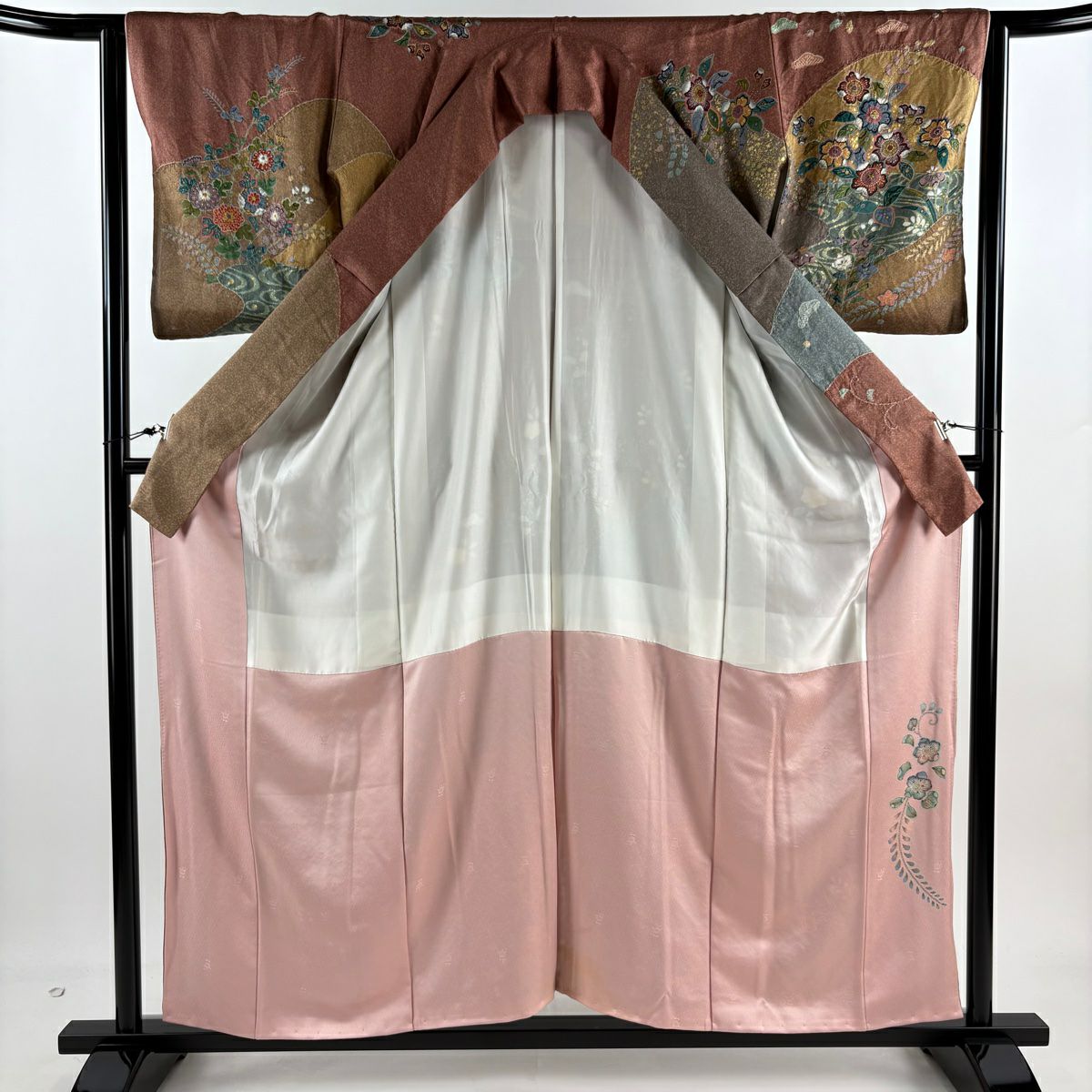 【庫存清倉】訪問服 身長157.5cm 袖長63.5cm S 雙層 草花紋紋 鴛鴦 金銀彩 絞染 紅茶 純蠶絲 名品級