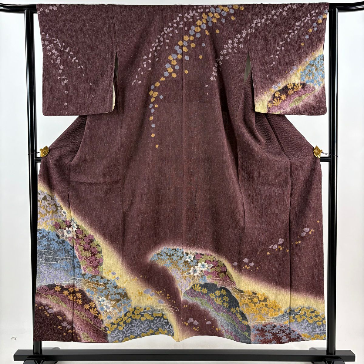 【庫存清倉】 【美品】 訪問服 身長153cm 袖長62.5cm S 雙層 草花紋紋 霞銀通し 絞染 茶紫 純蠶絲 名品級