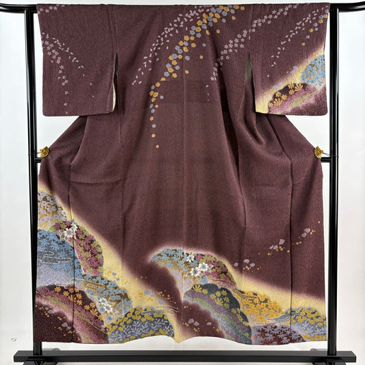 【庫存清倉】 【美品】 訪問服 身長153cm 袖長62.5cm S 雙層 草花紋紋 霞銀通し 絞染 茶紫 純蠶絲 名品級