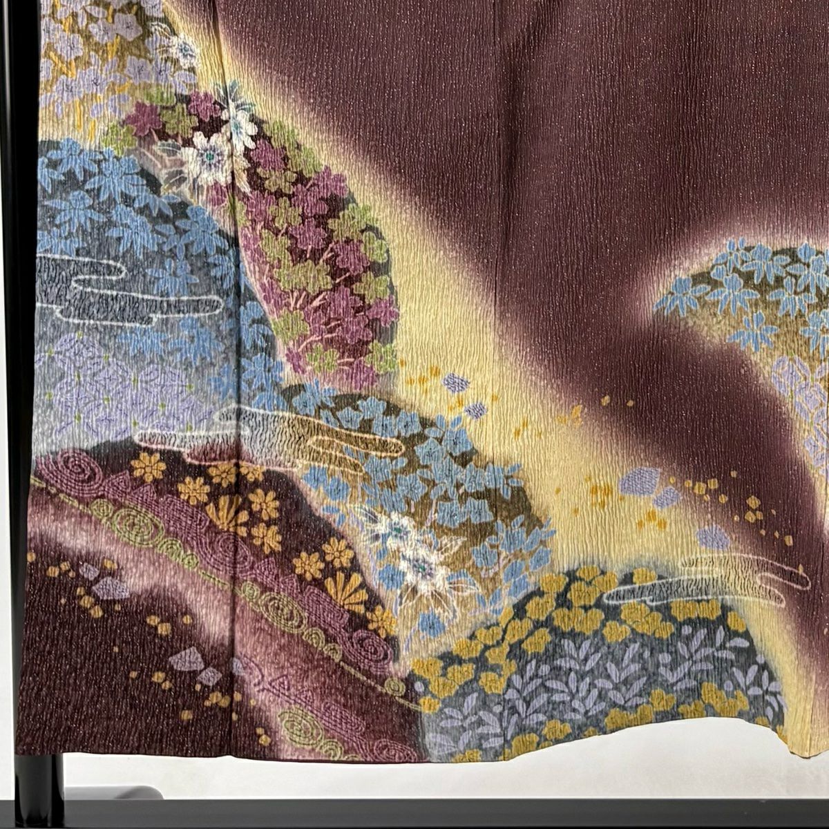 【庫存清倉】 【美品】 訪問服 身長153cm 袖長62.5cm S 雙層 草花紋紋 霞銀通し 絞染 茶紫 純蠶絲 名品級