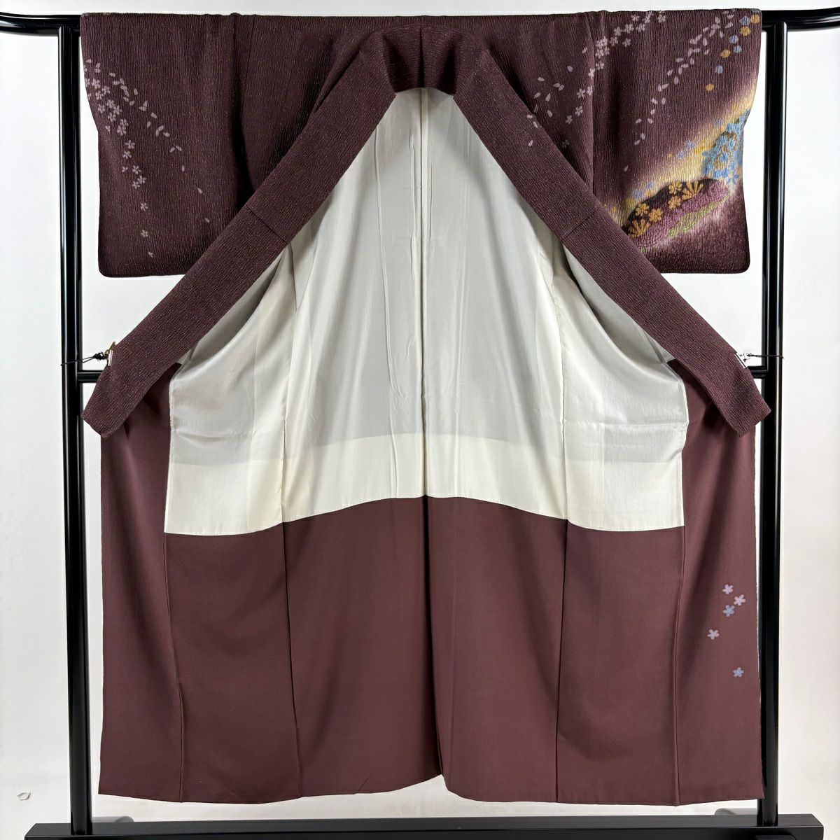 【庫存清倉】 【美品】 訪問服 身長153cm 袖長62.5cm S 雙層 草花紋紋 霞銀通し 絞染 茶紫 純蠶絲 名品級