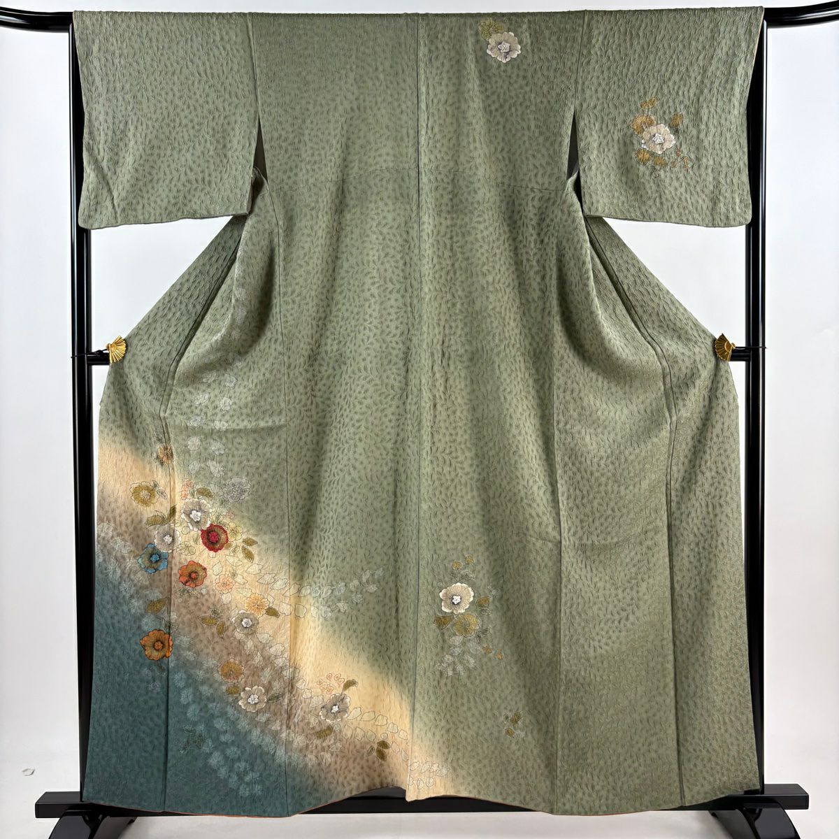 【庫存清倉】訪問服 身長159cm 袖長65.5cm M 雙層 草花紋紋 葉 金銀彩 絞染 灰綠 純蠶絲 名品級