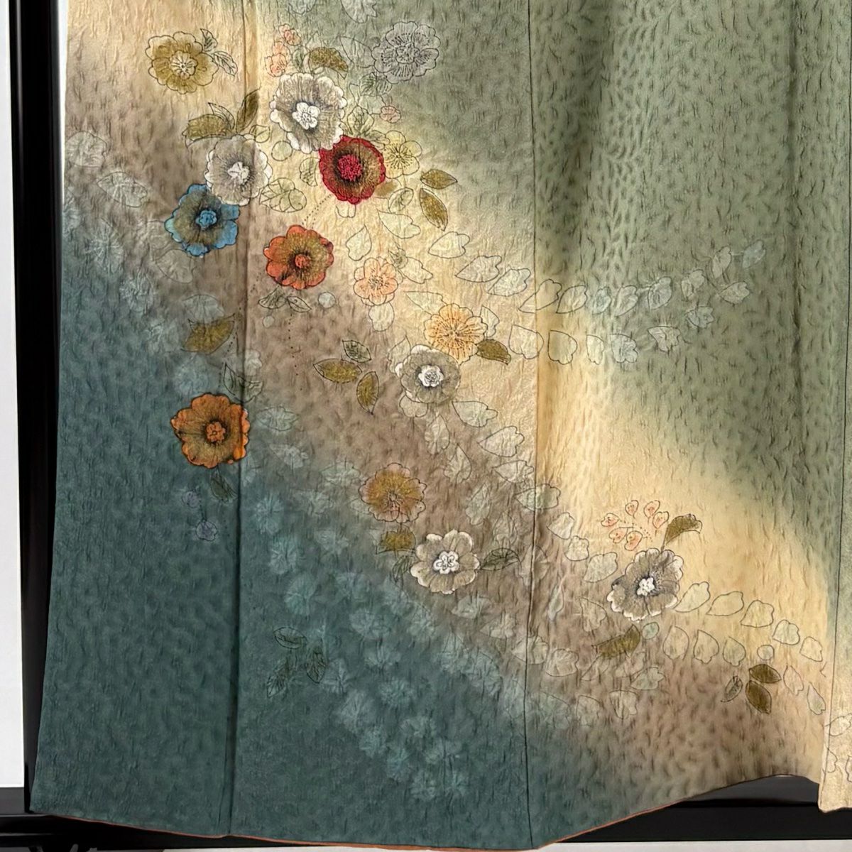 【庫存清倉】訪問服 身長159cm 袖長65.5cm M 雙層 草花紋紋 葉 金銀彩 絞染 灰綠 純蠶絲 名品級