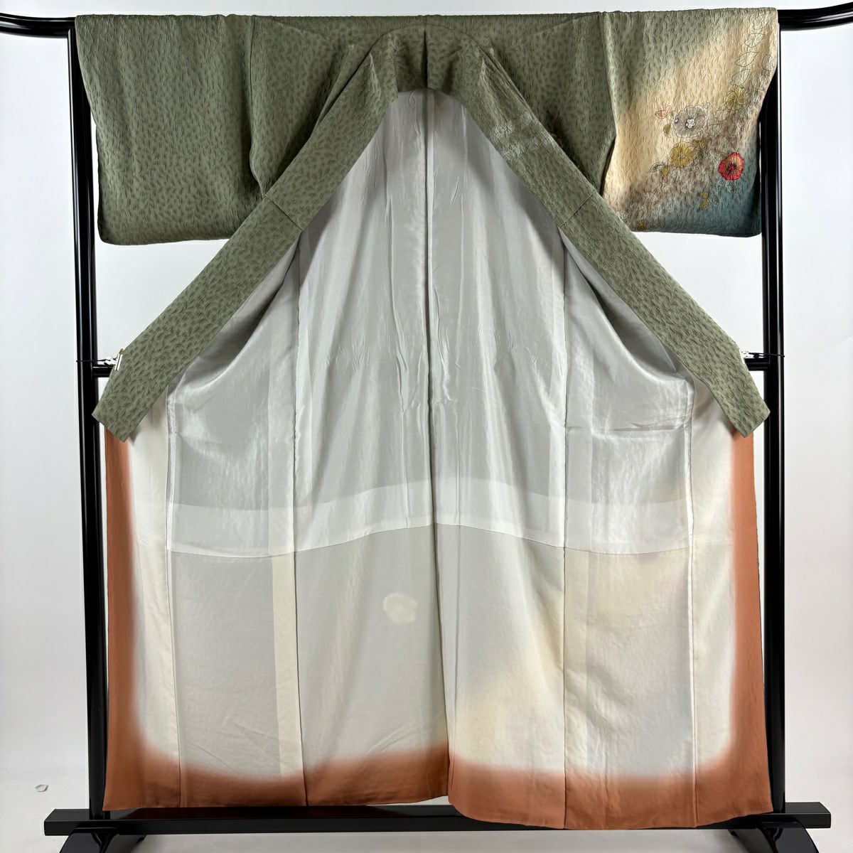 【庫存清倉】訪問服 身長159cm 袖長65.5cm M 雙層 草花紋紋 葉 金銀彩 絞染 灰綠 純蠶絲 名品級