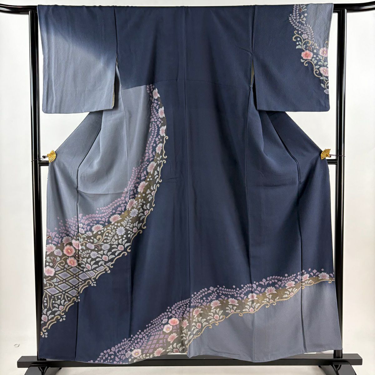【庫存清倉】訪問服 身長157.5cm 袖長63.5cm S 雙層 草花紋紋 菱形 金銀彩 絞染 青灰色 純蠶絲 名品級