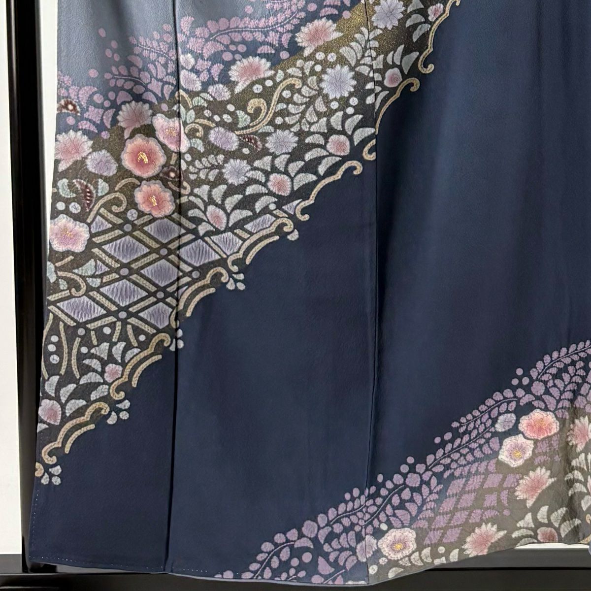 【庫存清倉】訪問服 身長157.5cm 袖長63.5cm S 雙層 草花紋紋 菱形 金銀彩 絞染 青灰色 純蠶絲 名品級