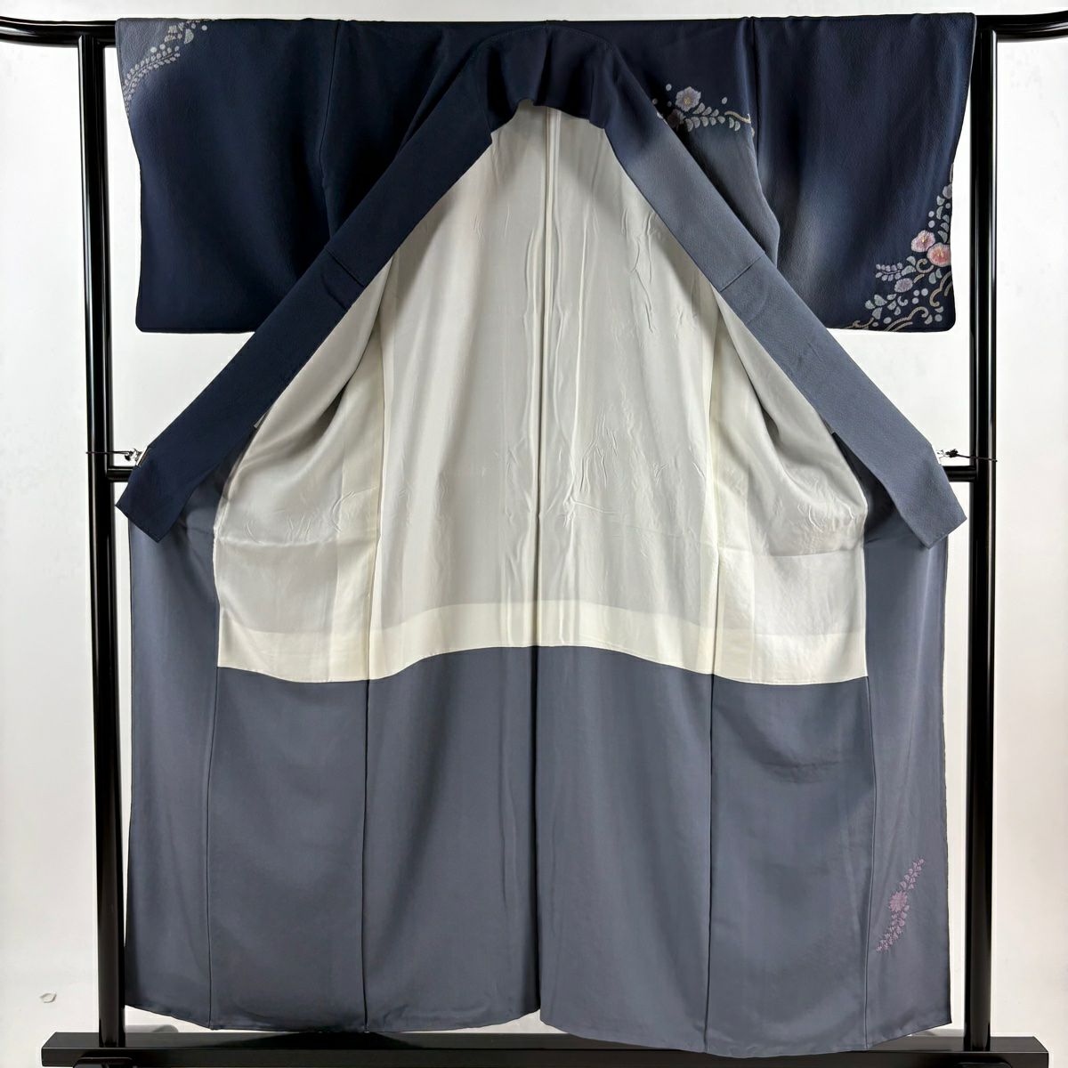 【庫存清倉】訪問服 身長157.5cm 袖長63.5cm S 雙層 草花紋紋 菱形 金銀彩 絞染 青灰色 純蠶絲 名品級