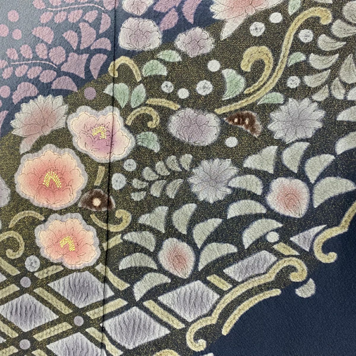 【庫存清倉】訪問服 身長157.5cm 袖長63.5cm S 雙層 草花紋紋 菱形 金銀彩 絞染 青灰色 純蠶絲 名品級