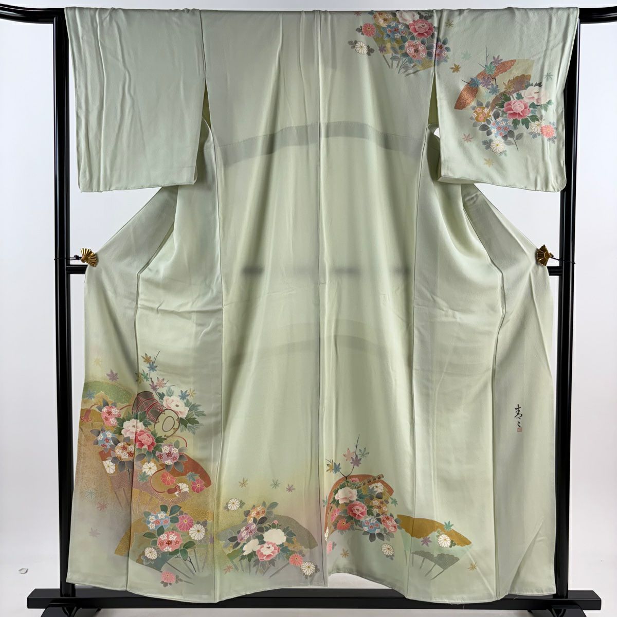 【庫存清倉】訪問服 身長157cm 袖長66.5cm M 雙層 松樹井青青 落款 草花紋紋 鼓 金銀彩 漸層 淺綠 純蠶絲 名品級 一個紋