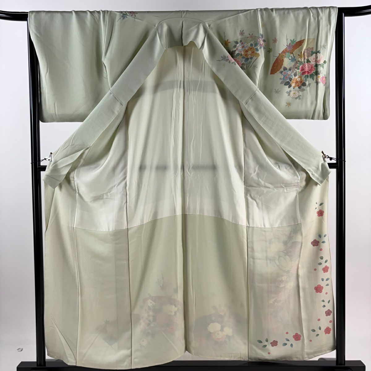 【庫存清倉】訪問服 身長157cm 袖長66.5cm M 雙層 松樹井青青 落款 草花紋紋 鼓 金銀彩 漸層 淺綠 純蠶絲 名品級 一個紋