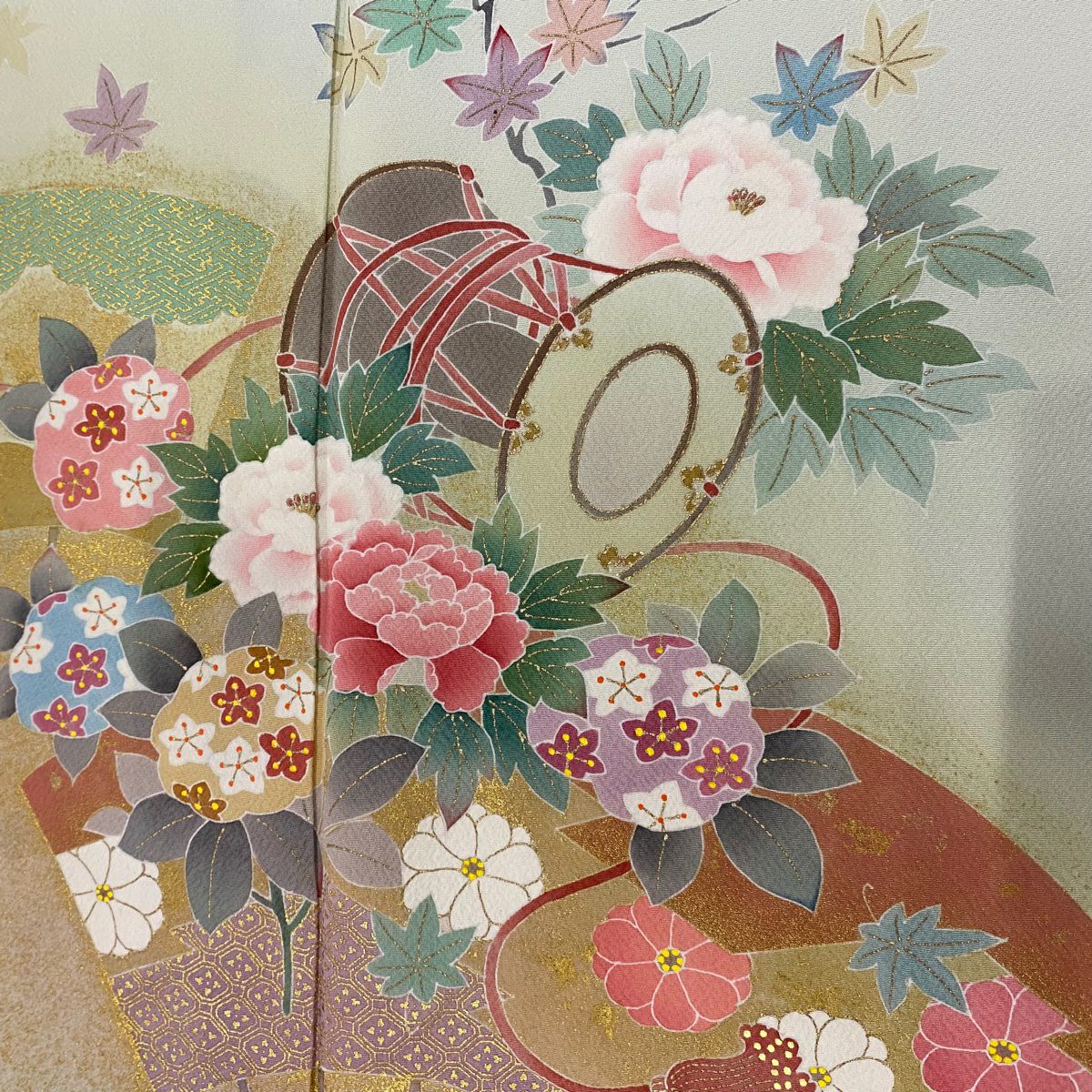 【庫存清倉】訪問服 身長157cm 袖長66.5cm M 雙層 松樹井青青 落款 草花紋紋 鼓 金銀彩 漸層 淺綠 純蠶絲 名品級 一個紋