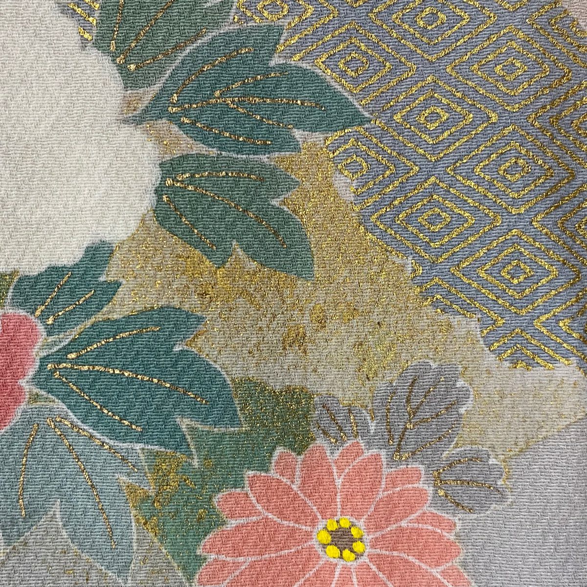 【庫存清倉】訪問服 身長157cm 袖長66.5cm M 雙層 松樹井青青 落款 草花紋紋 鼓 金銀彩 漸層 淺綠 純蠶絲 名品級 一個紋