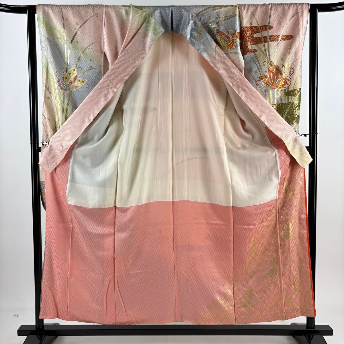 【庫存清倉】振袖禮服 身長156cm 袖長62cm S 雙層 附落款 蝶 霞 金銀彩 染分 粉紅 純蠶絲 名品級